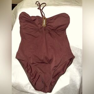 2bamboo Elegant One-piece Swimsuit, Halter style with Strap, Brown w Gold, Sz 10